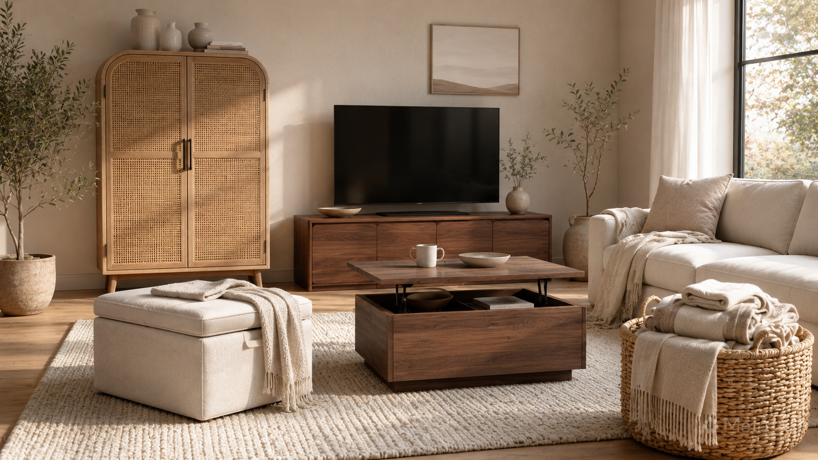 Living room storage product board with rattan cabinet, TV console, lift-top coffee table, storage ottoman, and woven blanket basket