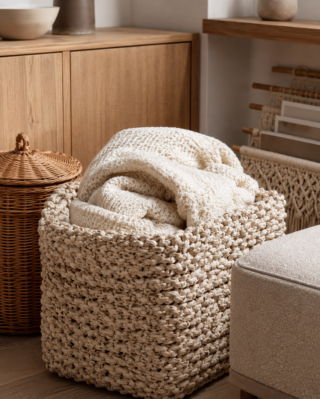 Living room storage texture details with woven basket, rattan lidded basket, upholstered ottoman, and neutral blanket textures