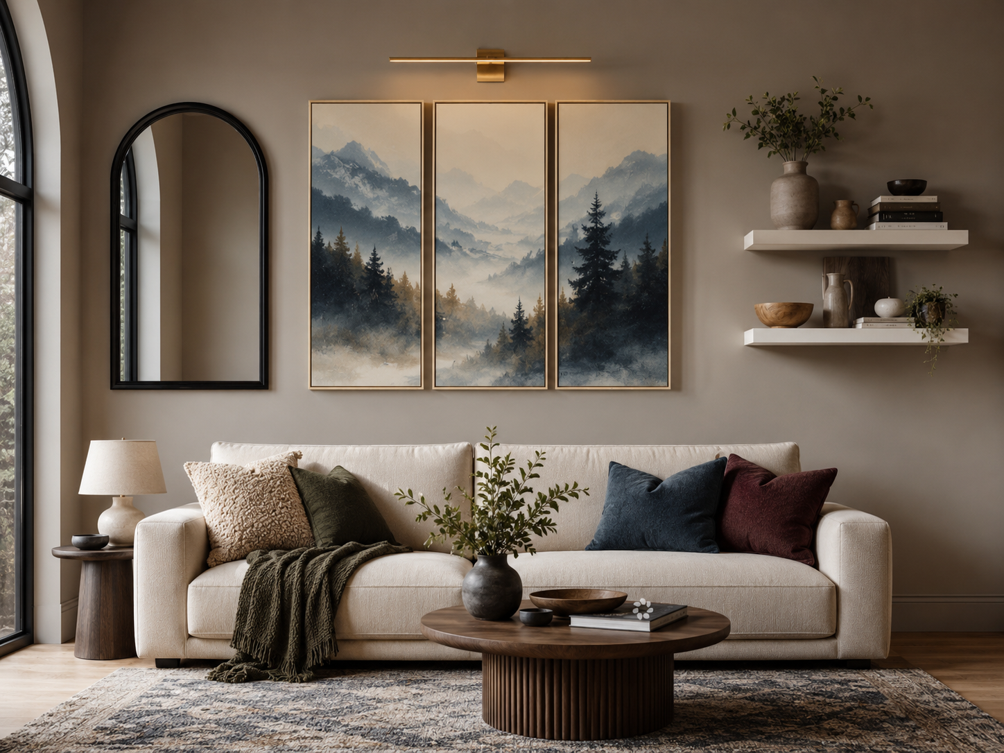Living room wall decor board with framed wall art, black arched mirror, floating shelves, and picture light above sofa