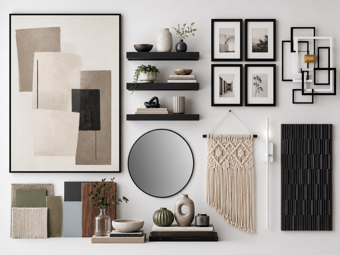 Living room wall decor moodboard with abstract wall art, round mirror, floating shelves, gallery frames, macrame, metal sculpture, picture light, and wall panels