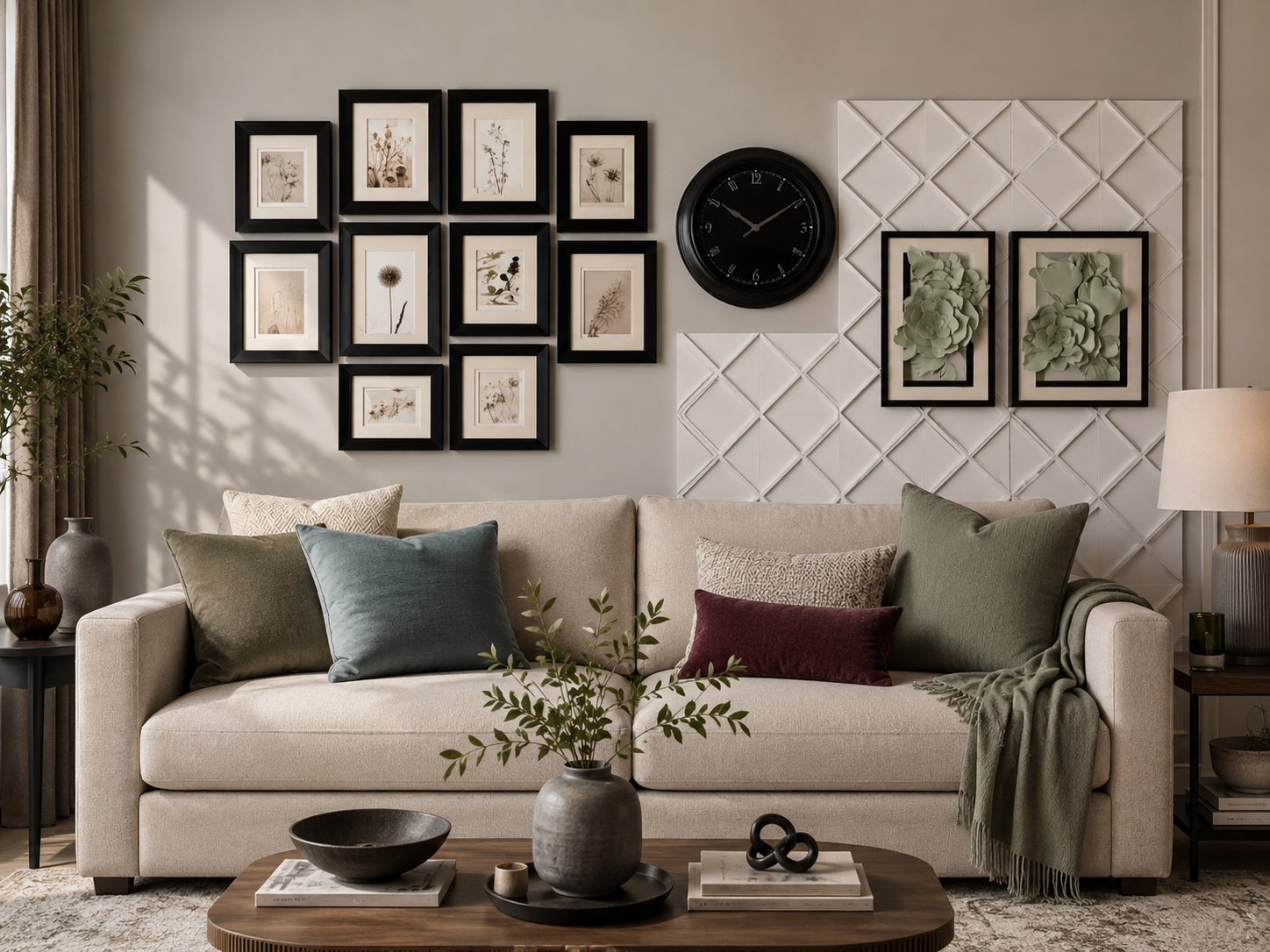 Living room wall decor shop the look with black gallery frames, wall clock, sage floral wall art, and white 3D wall panels