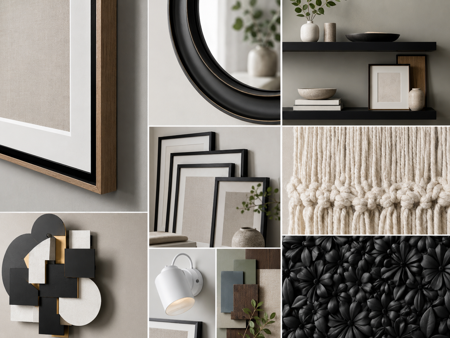 Living room wall decor texture details with frame edges, mirror detail, floating shelf, textile hanging, picture light, and wall panel sample