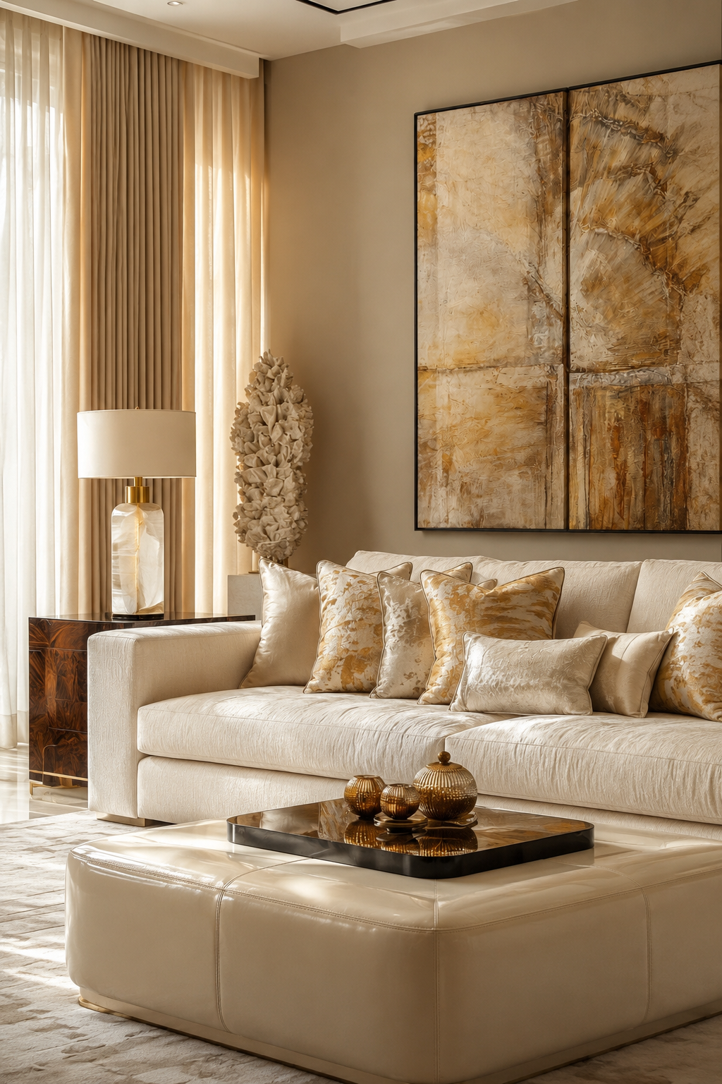 Luxury warm neutral living room with elegant sofa, statement rug, tall curtains, large wall art, and sculptural lamp