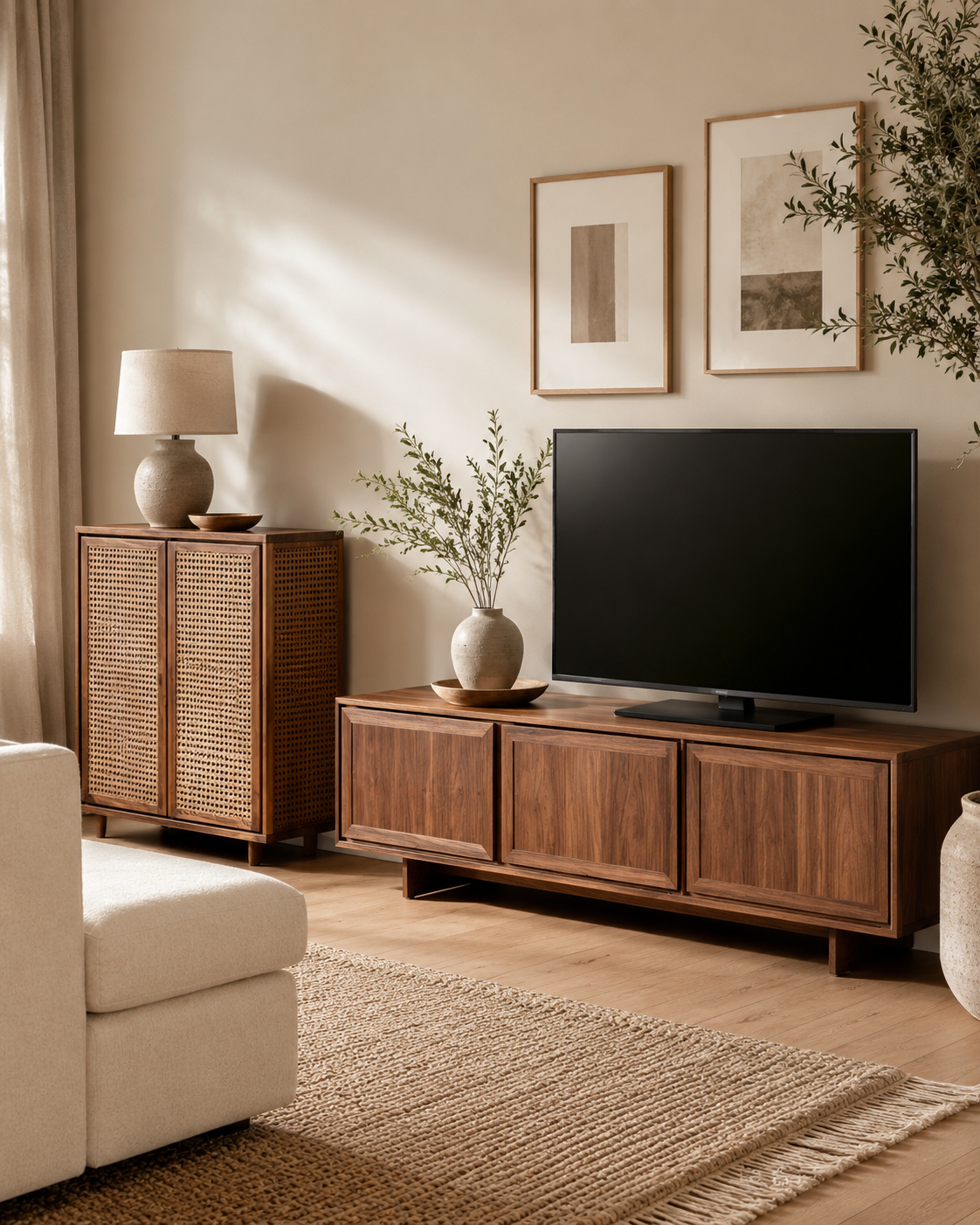 Living room storage media wall setup with TV console, rattan cabinet, beige rug, and neutral wall decor
