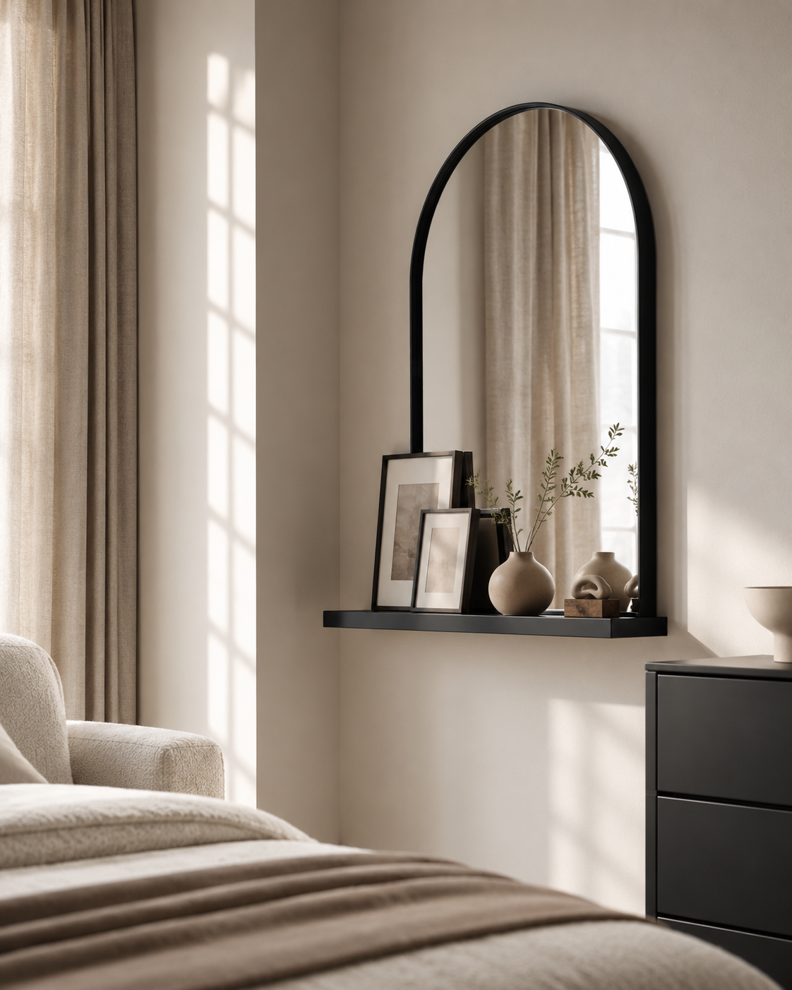 Bedroom wall corner with black arched mirror, slim picture ledge, layered neutral frames, ceramic vase, and soft modern decor.