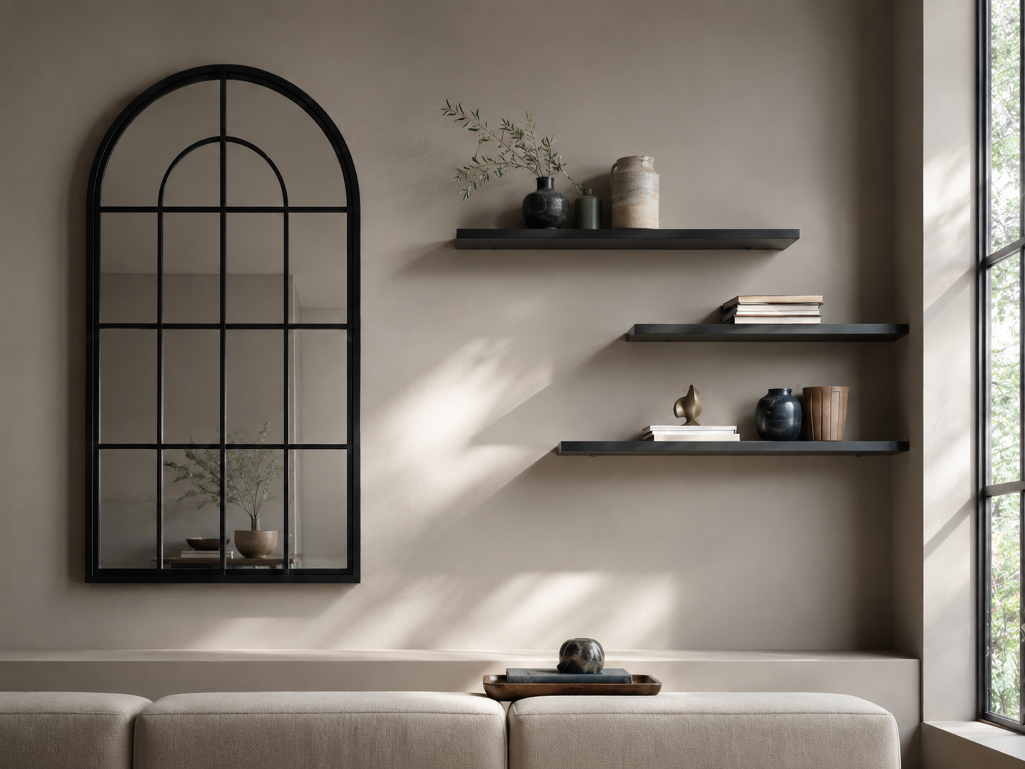 Living room wall decor with large black arched mirror, black floating shelves, ceramic decor, books, and greenery