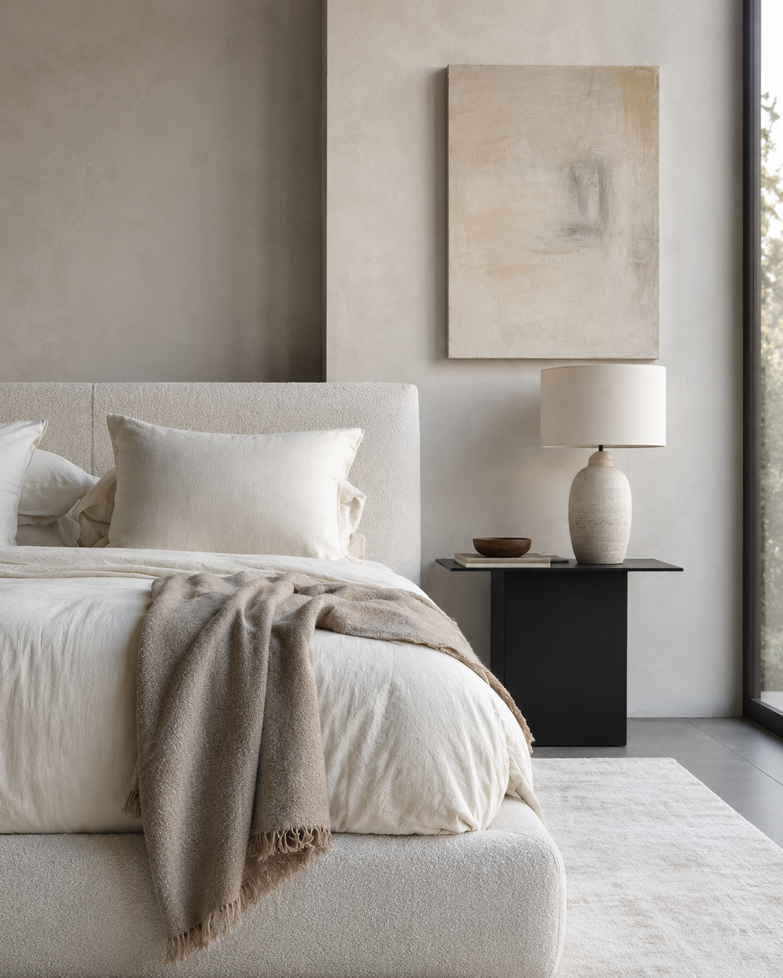 Bedroom decor ideas in a modern neutral bedroom with upholstered bed, ivory bedding, taupe throw, black nightstand, ceramic lamp, wall art, and pale rug