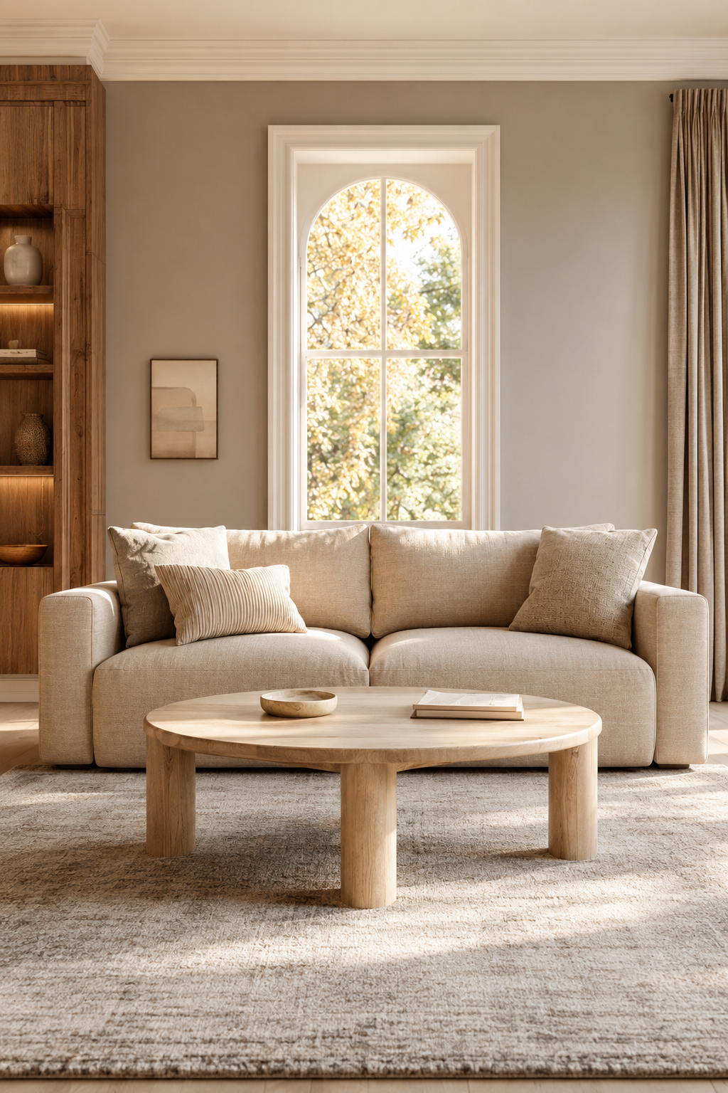 Modern neutral living room with beige sofa, simple wall art, area rug, and warm wood accents