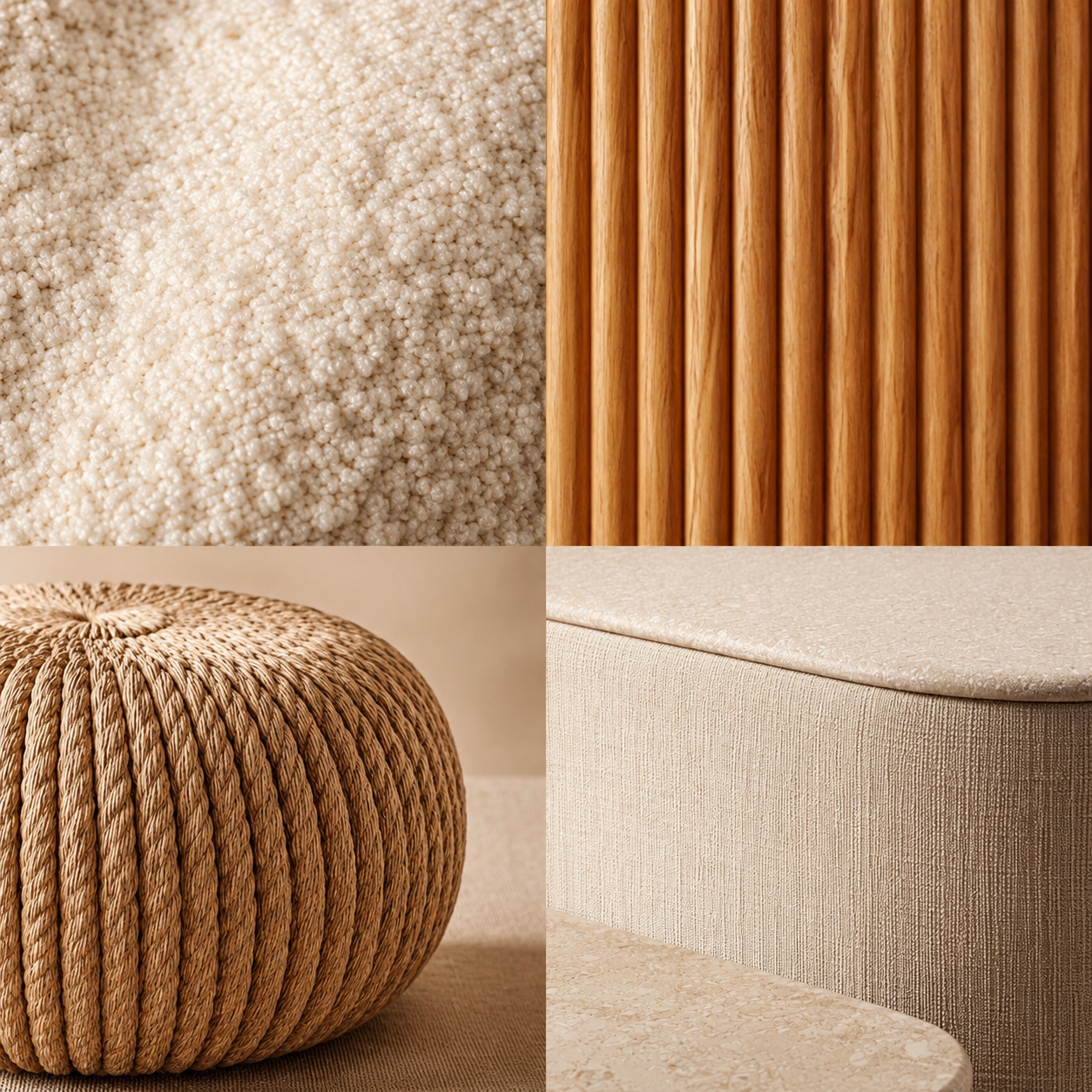 Living room furniture texture details with boucle fabric, linen upholstery, stone-look table surface, and pale oak finish