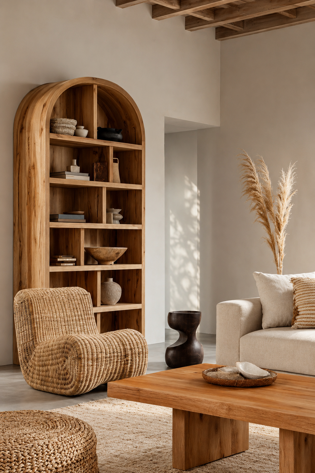 Organic modern living room furniture with rattan accent chair, natural bookcase, neutral sofa, and sculptural side table