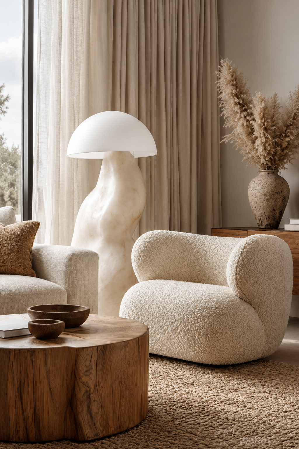 Organic modern living room with curved chair, natural wood coffee table, woven rug, and sculptural decor