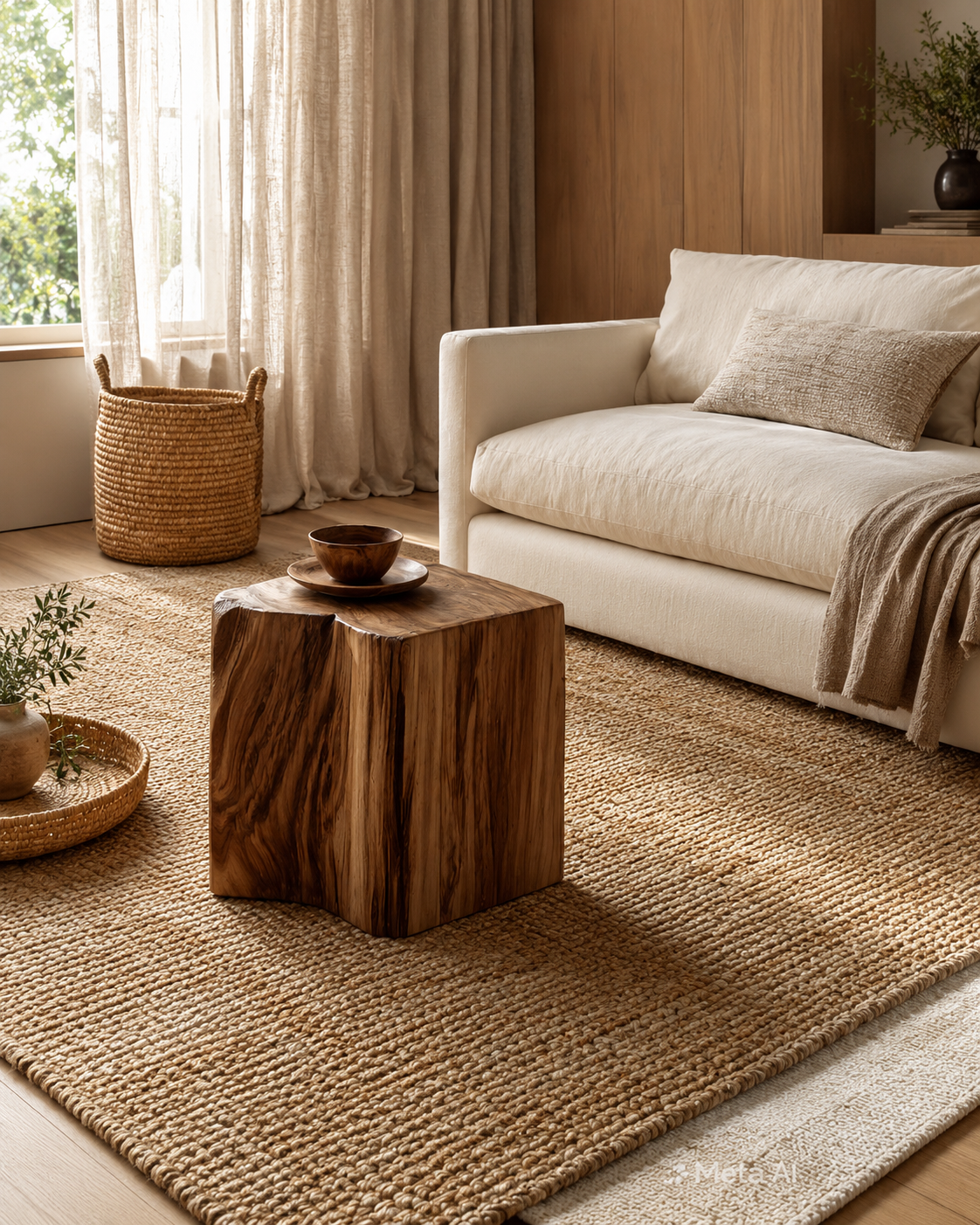 Living room rugs lookbook with natural jute area rug, cream sofa, wood coffee table, and warm neutral decor
