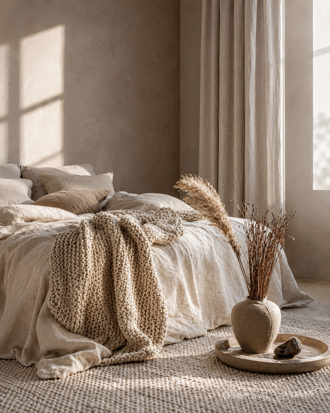 Bedroom decor ideas with linen bedding, chunky woven throw, soft rug, ceramic vase, stone tray, plaster wall texture, and light curtains