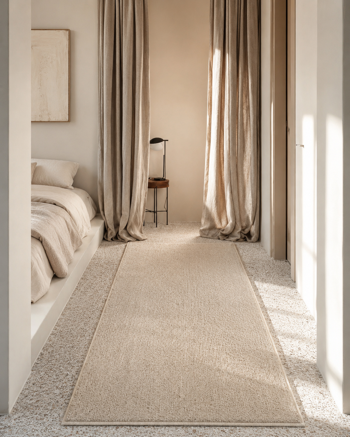 Neutral bedroom runner rug placed along a narrow bedside path in a compact calm bedroom.