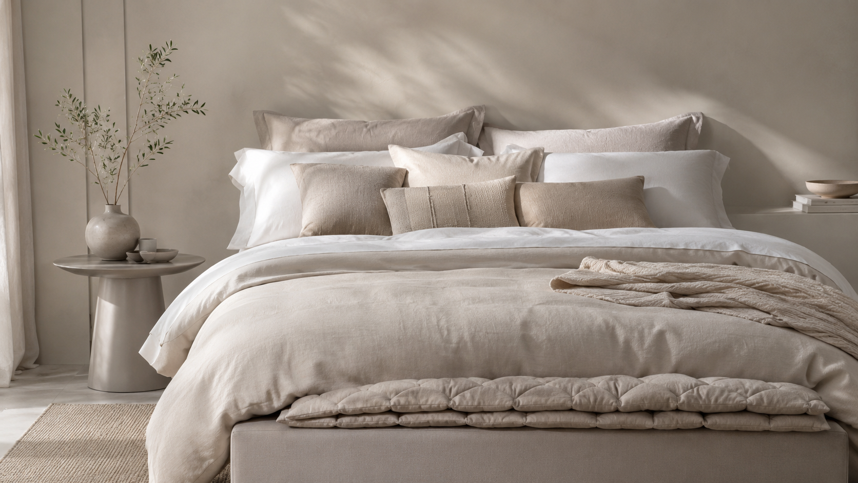 Shop the bedroom bedding look with neutral duvet cover, pillows, cotton blanket, quilt, and layered bed styling.