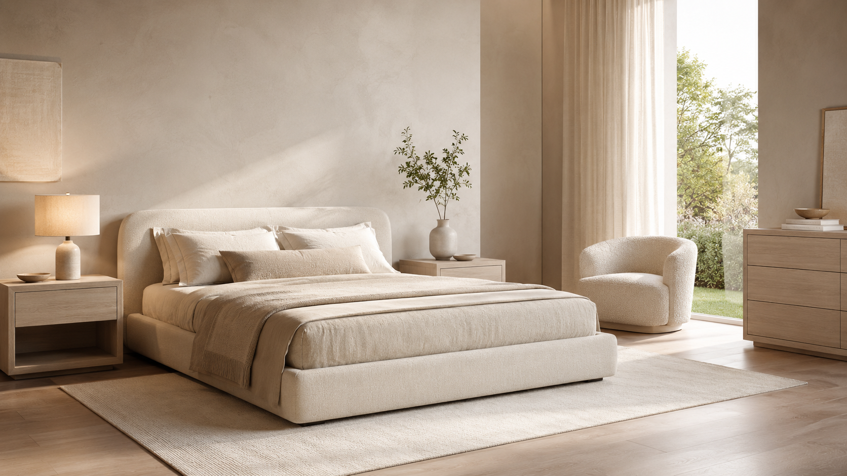 Bedroom decor furniture look with upholstered bed, nightstands, dresser and ivory accent chair