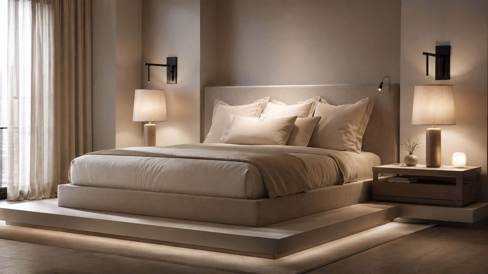 Hotel-inspired bedroom lighting setup with bedside lamps, wall sconces, reading light, and smart table lamp.