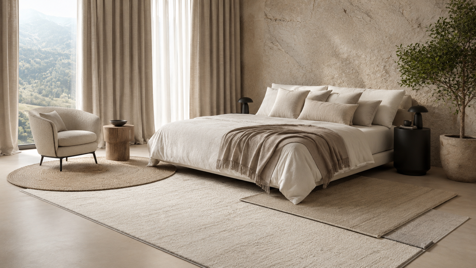 Shop the bedroom rugs look with a washable neutral area rug, bedside rug, round accent rug, and rug pad styling.