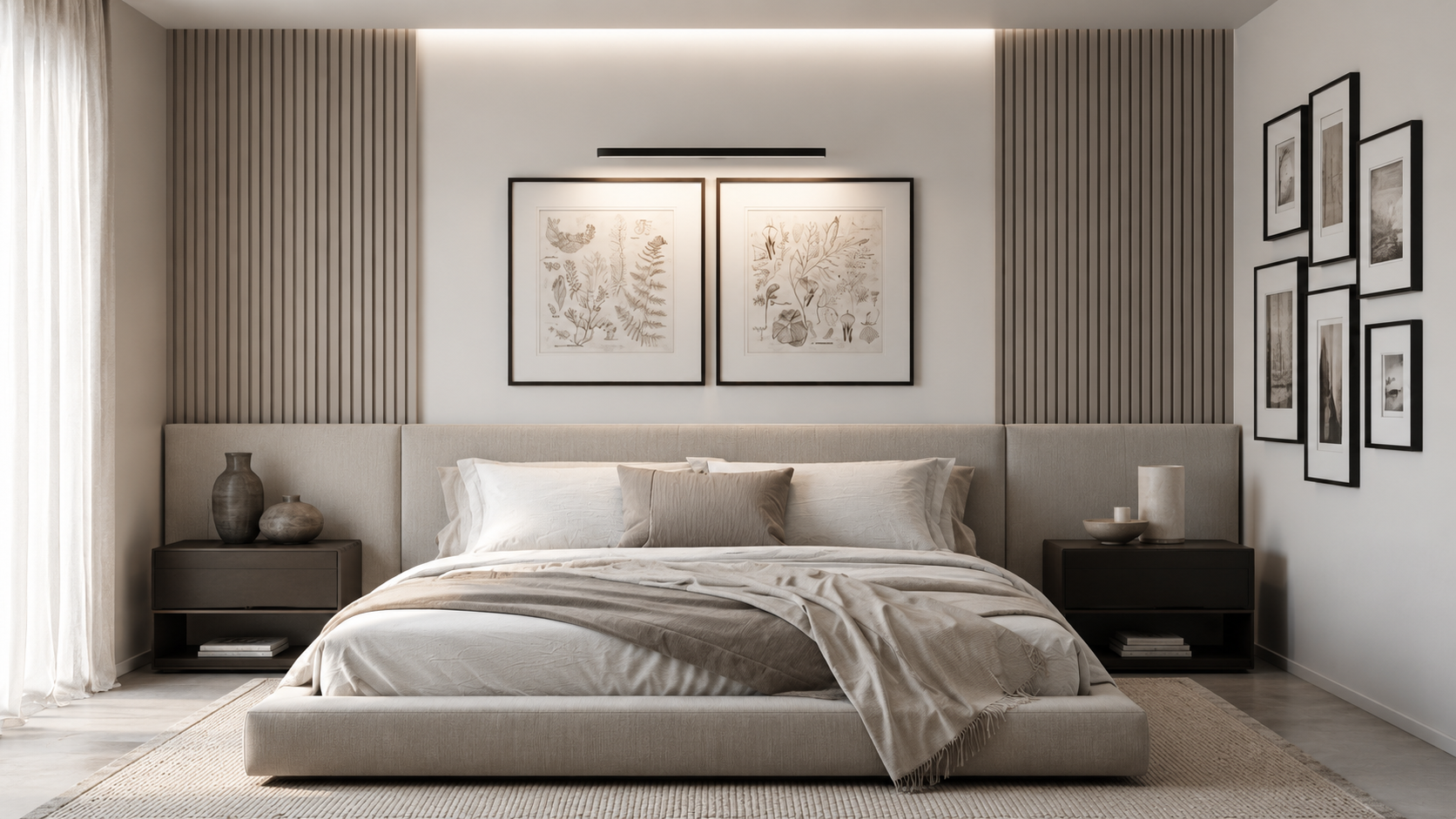 Finished bedroom wall decor look with neutral wall panels, framed artwork, picture light, and gallery frames above a soft modern bed.