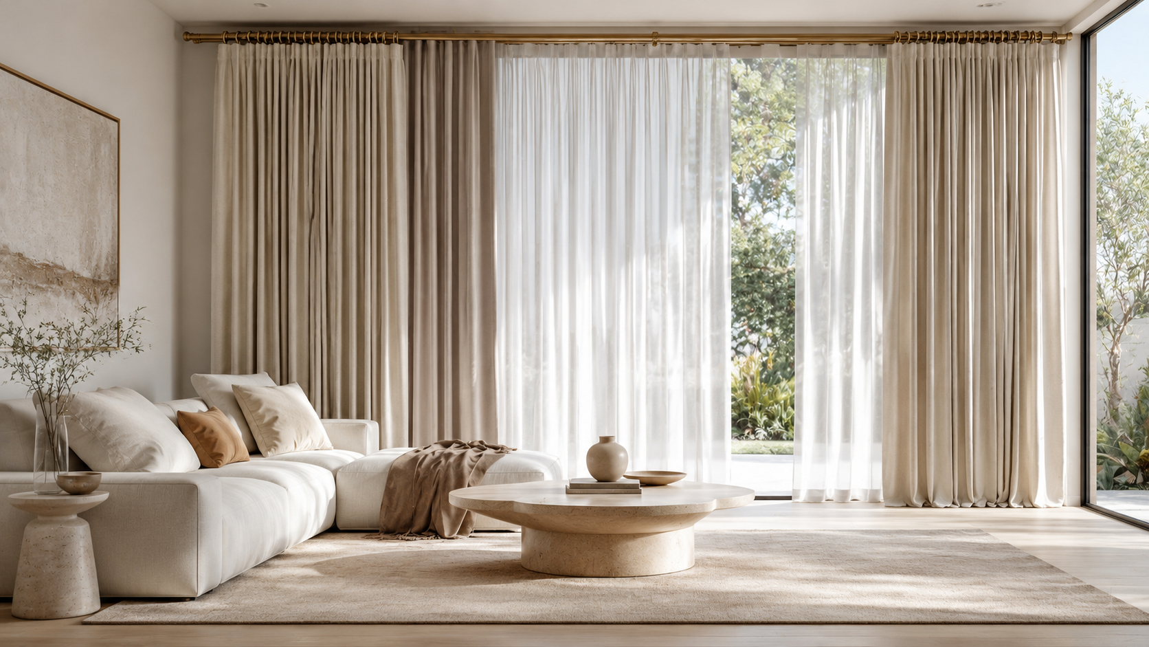 Living room curtains shop the look with pleated curtains, blackout panels, sheer curtains, double curtain rod, and gold clip rings