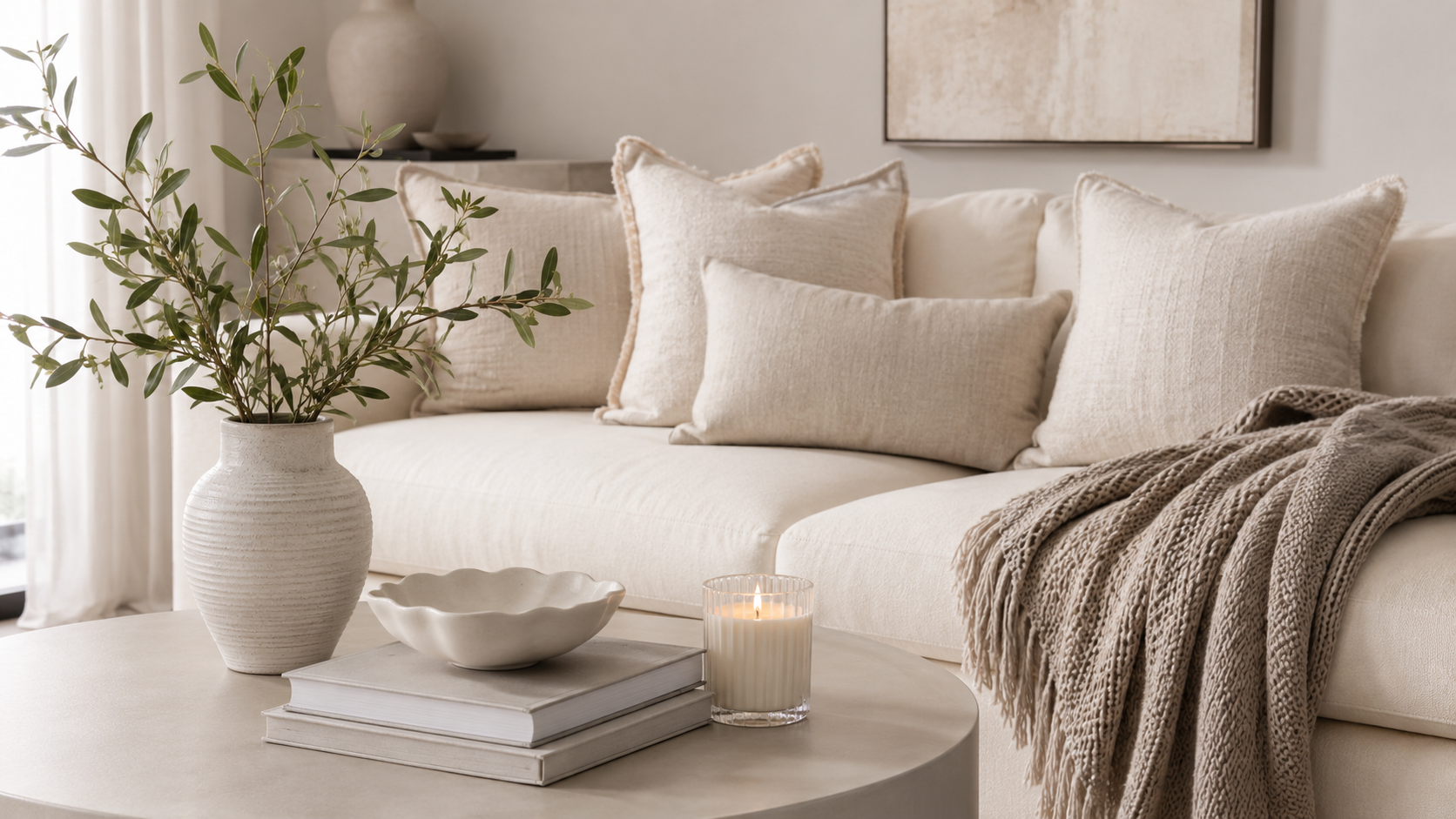 Living room decorative accessories shop the look with ceramic vase, decorative bowl, candle, books, pillows and throw blanket