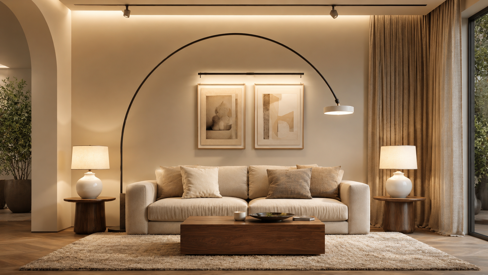 Living room lighting shop the look with arc floor lamp, ceramic table lamps, picture light, and warm layered lighting