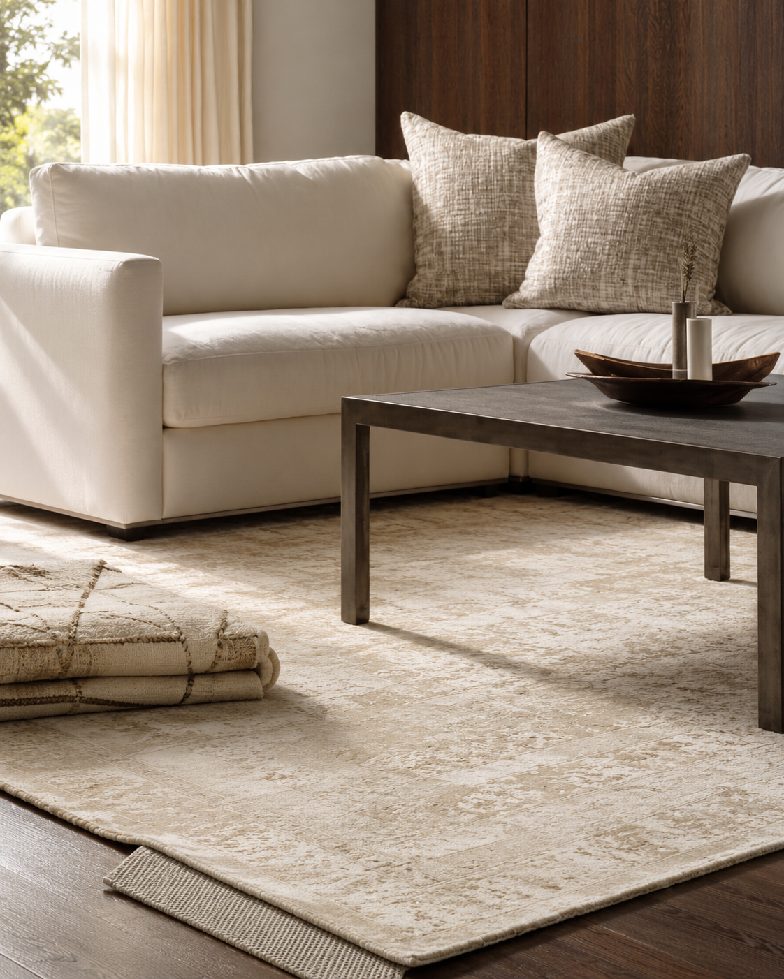Living room rugs shop the look with ivory distressed rug, vintage rug styling, Moroccan pattern rug detail, and soft neutral seating