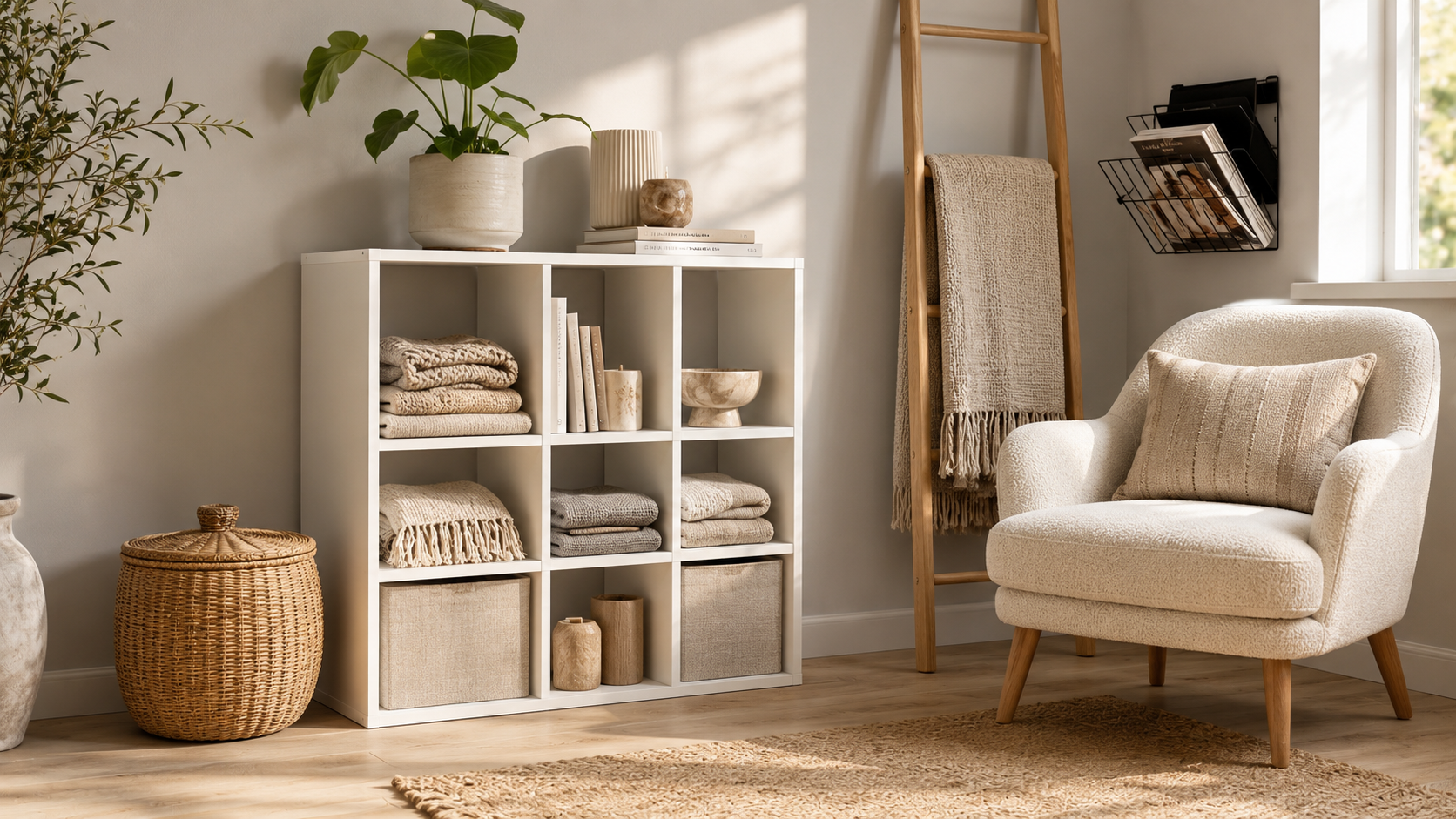 Living room storage look with cube shelf, lidded basket, blanket ladder, and wall magazine holder