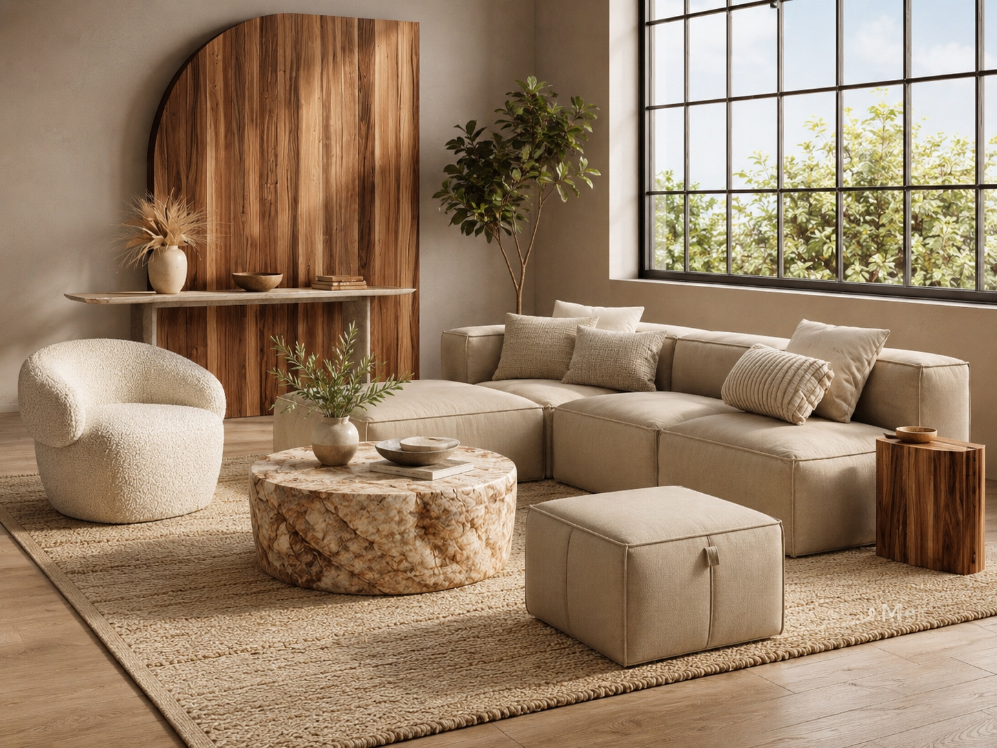 Living room furniture shop the look with modular sofa, curved chair, coffee table, ottoman, and console