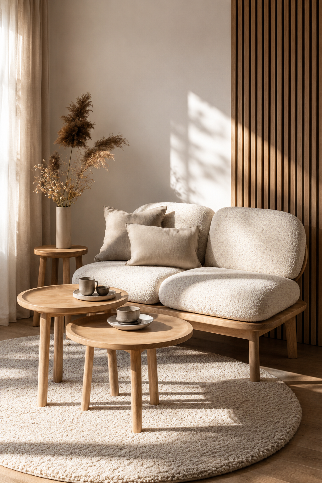 Living room furniture lookbook for small apartment with loveseat, nesting tables, slim side table, and neutral rug