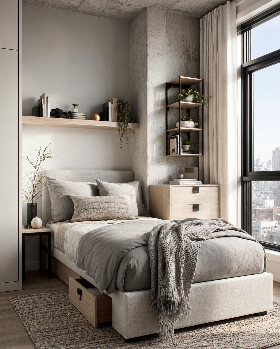 Bedroom decor ideas for a small bedroom with slim bed, narrow nightstand, floating shelf, under-bed storage, compact dresser, corner shelving, and small rug