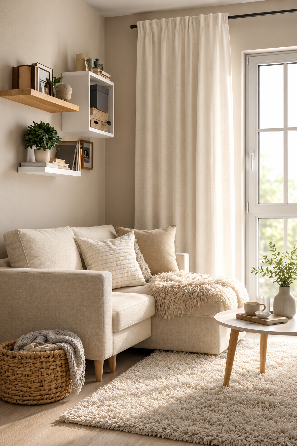 Small living room with compact sofa, slim table, floating shelves, wall storage, and space-saving decor