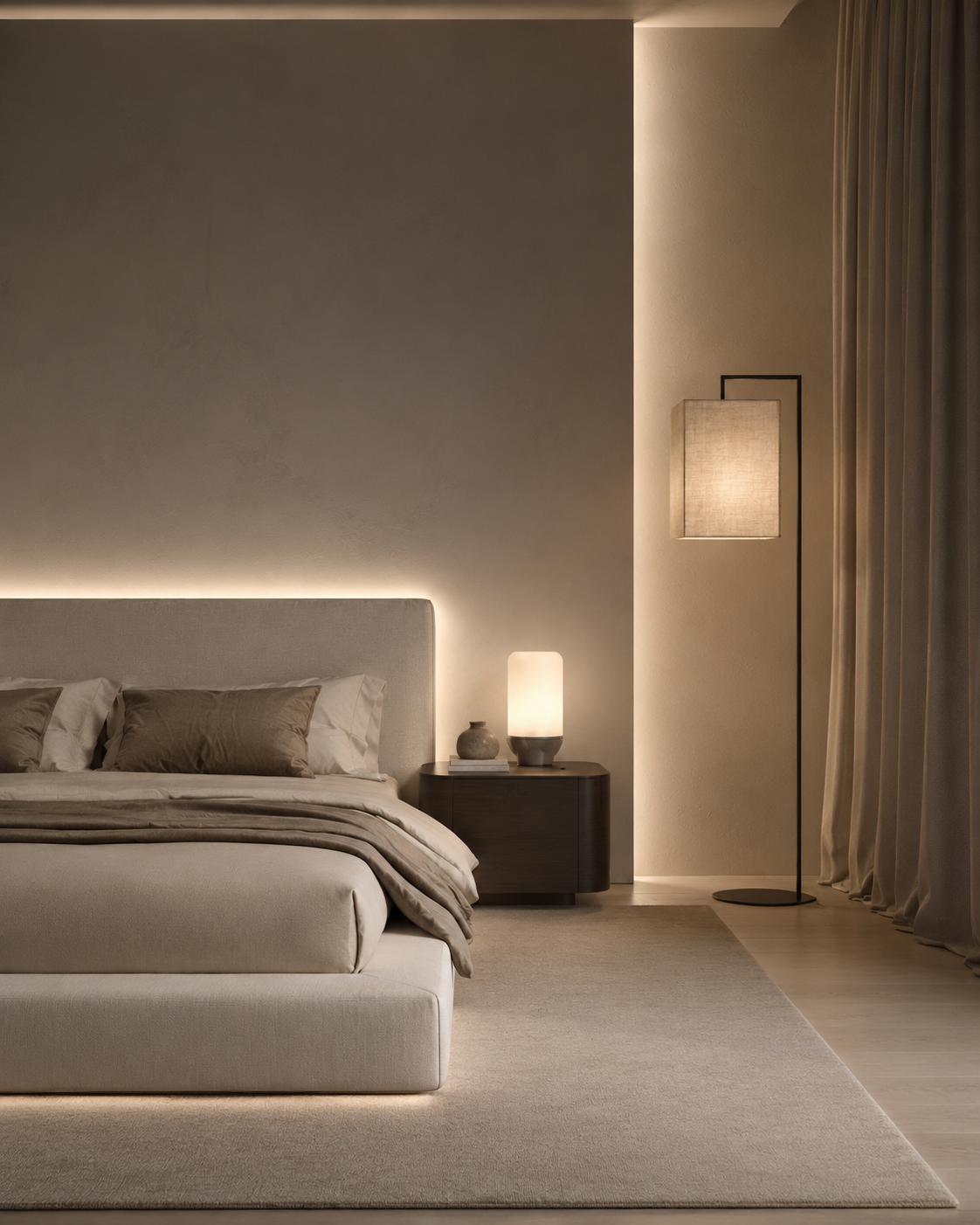 Modern bedroom ambient lighting with floor lamp, smart table lamp, LED strip glow, neutral bedding, and matte black accents.