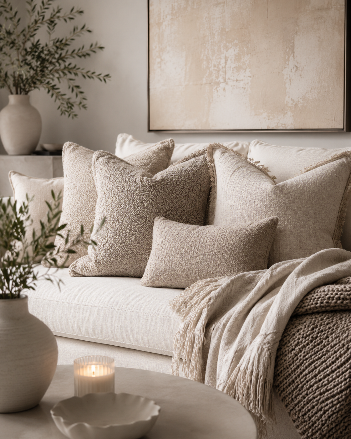 Living room decorative accessories on a cream sofa with neutral pillows, boucle cushions, throw blankets, candle, vase and decorative bowl