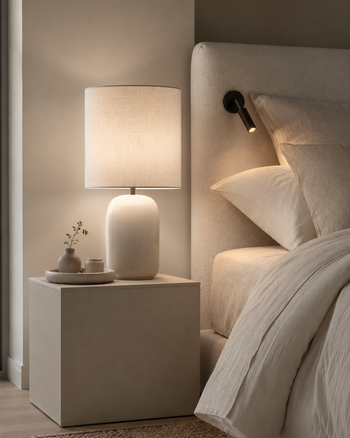 Soft bedside bedroom lighting scene with ceramic lamp, linen shade, reading light, ivory bedding, and neutral nightstand styling.