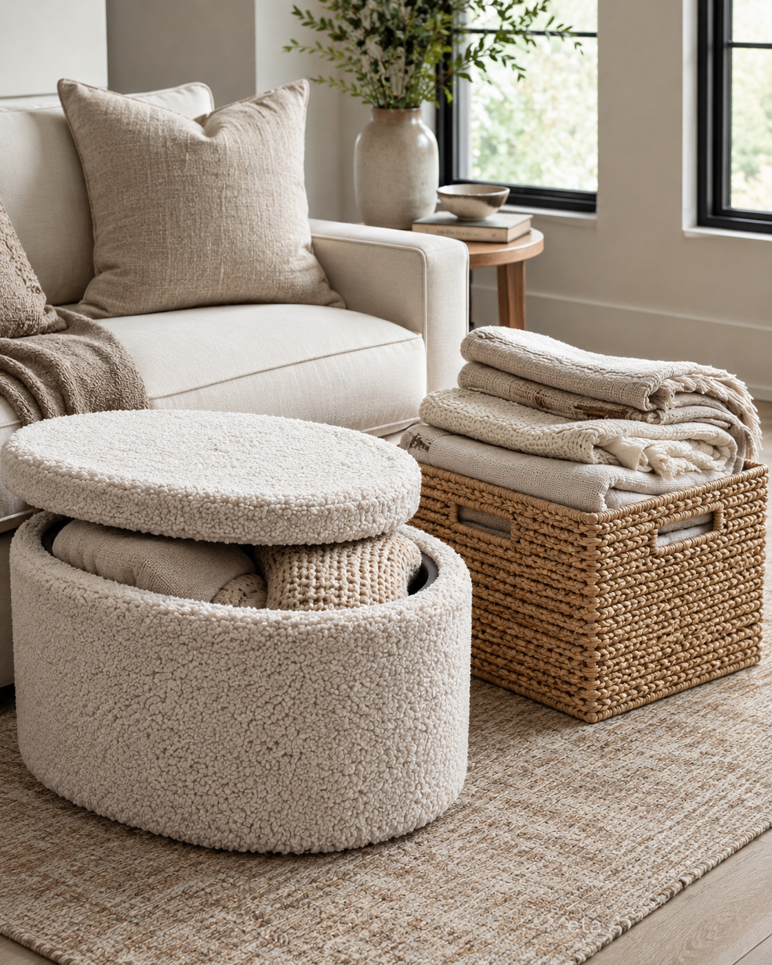 Living room storage look with sherpa storage ottoman, woven blanket basket, cream sofa, and neutral throws
