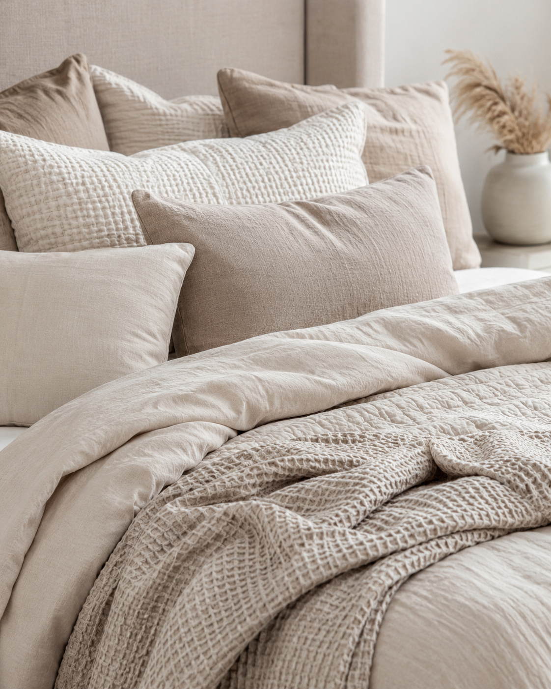Soft layered bedroom bedding with neutral duvet cover, waffle throw blanket, relaxed pillows, and cozy textured layers.