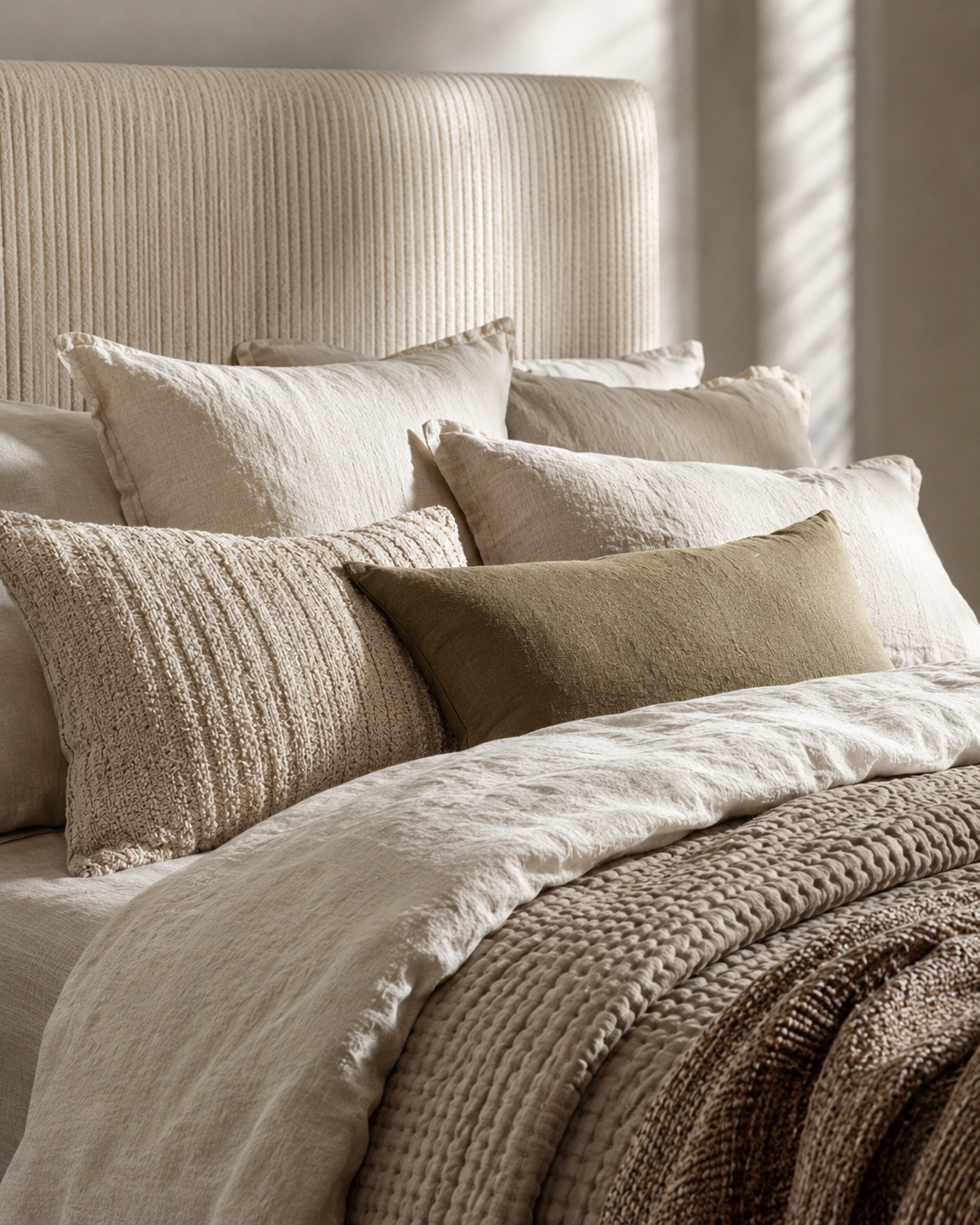Bedroom decor ideas with ivory bedding, taupe quilt, linen sheets, neutral pillows, muted olive cushion, and woven throw