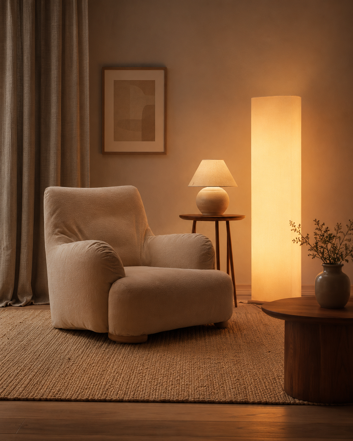 Living room lighting lookbook with reading corner, accent chair, slim floor lamp, ceramic table lamp, side table, and soft glow