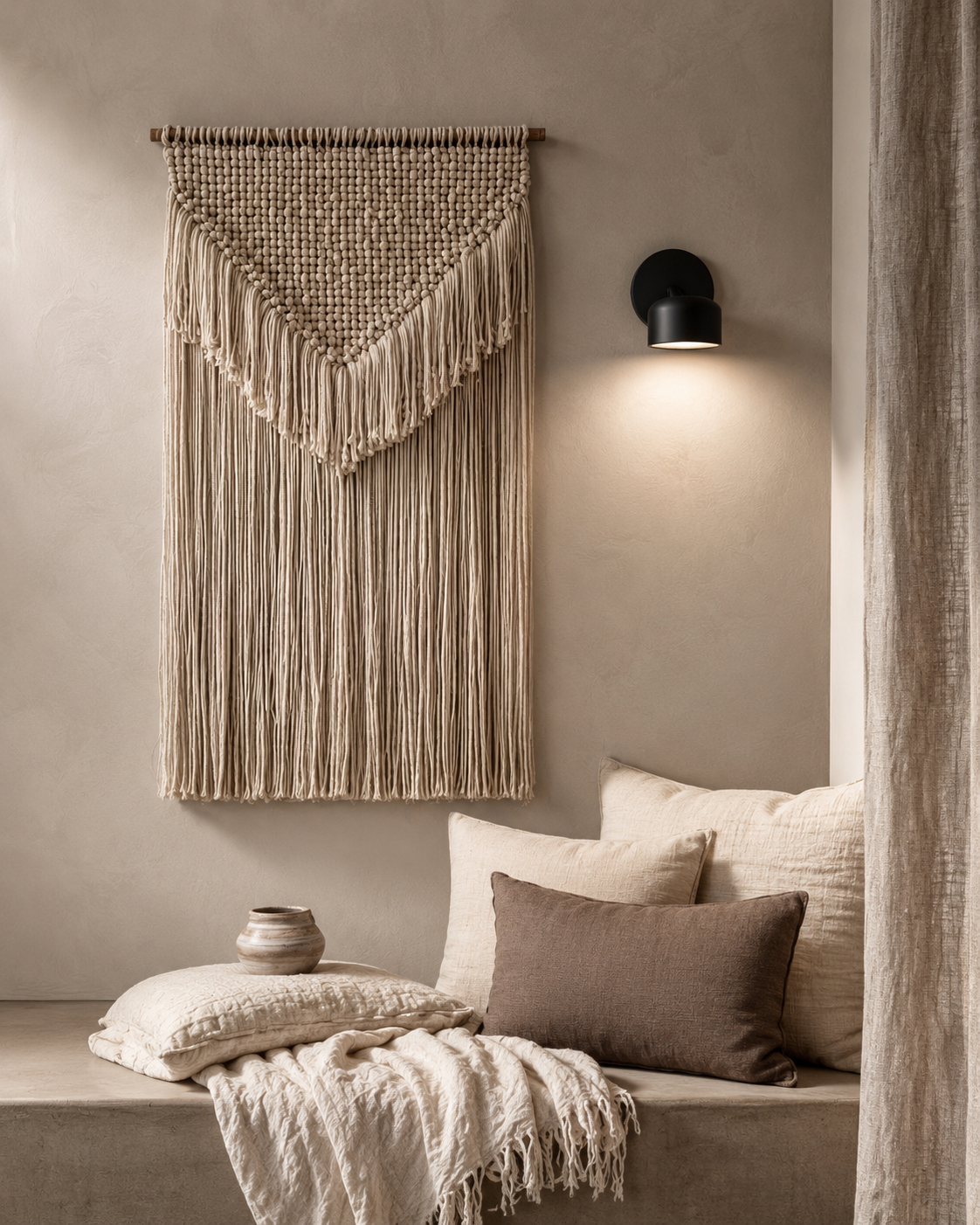 Bedroom wall decor scene with large neutral textile wall hanging, matte black wall sconce, ivory bedding, and soft layered textures.