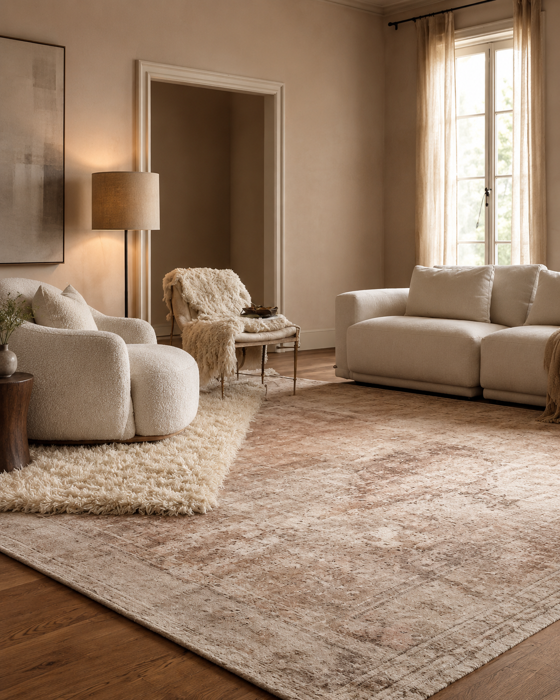 Living room rugs lookbook with faded area rug, ivory shag accent rug, plush seating, and warm neutral lounge styling
