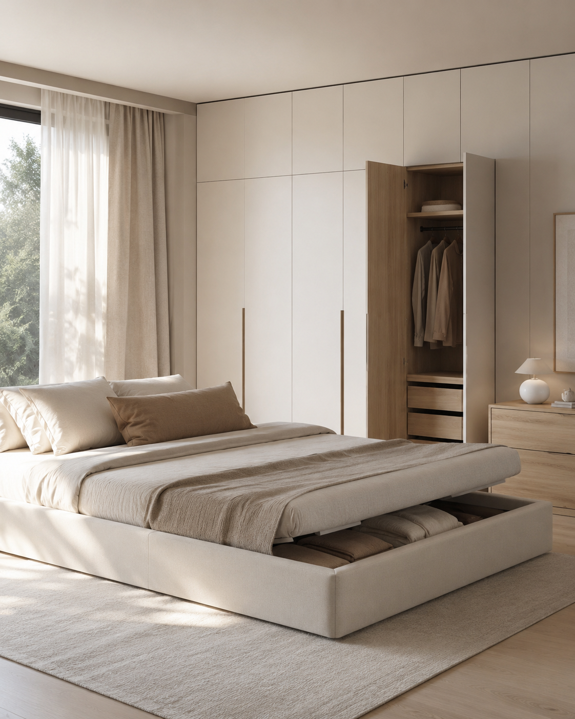 Storage-focused bedroom decor furniture scene with upholstered storage bed and neutral wardrobe