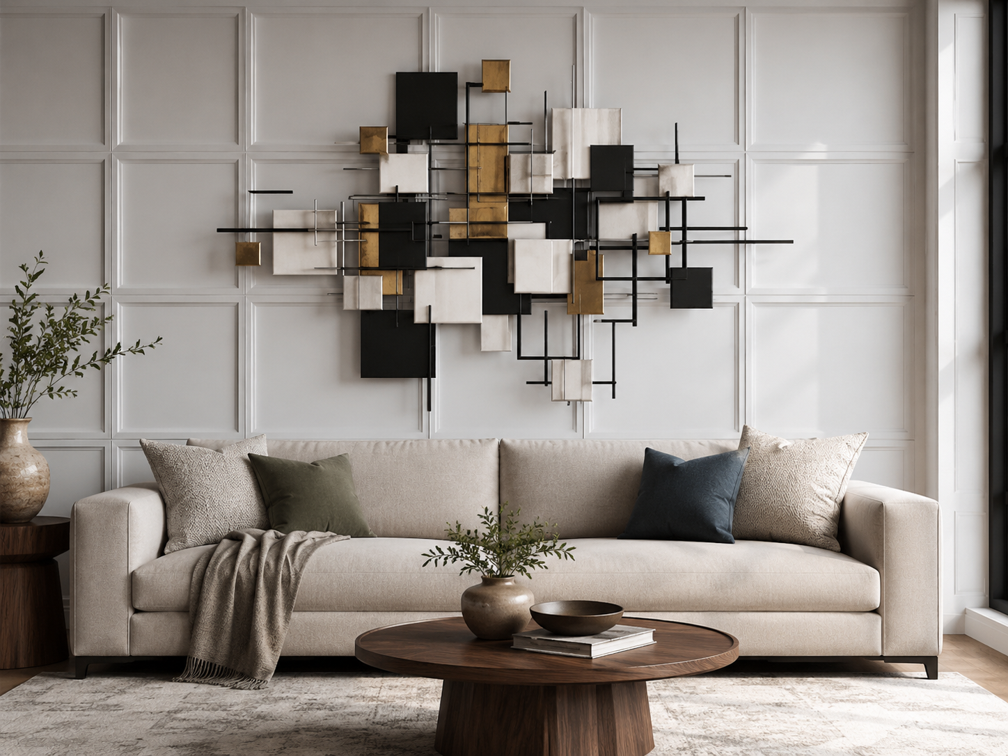 Living room wall decor statement wall with white 3D wall panels and geometric metal wall sculpture above sofa
