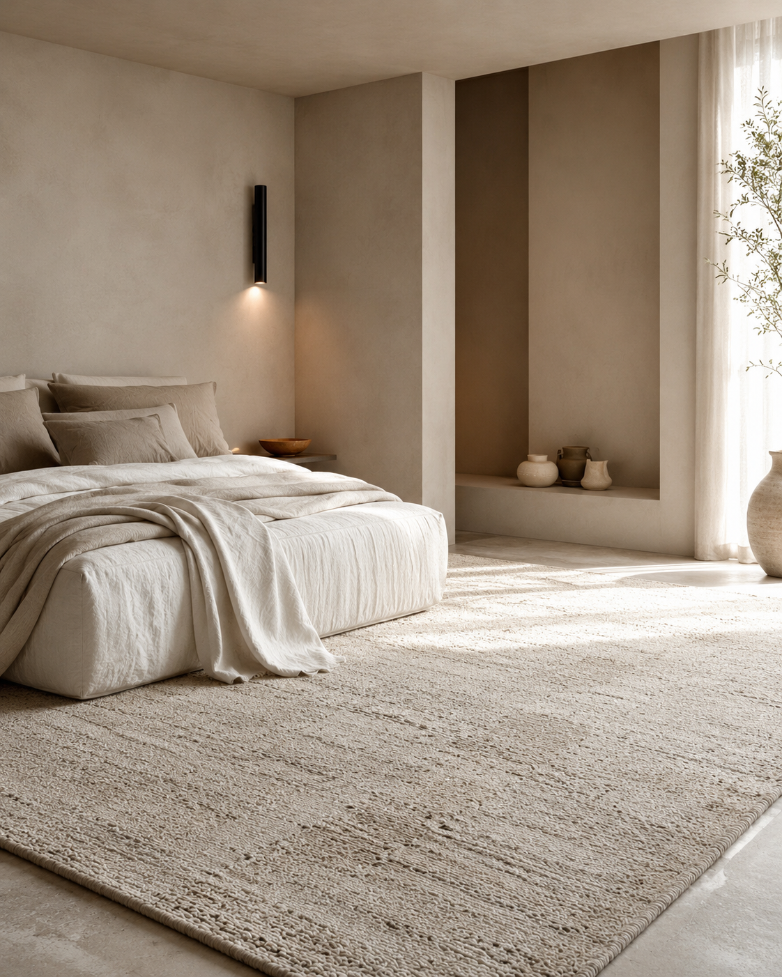Large neutral bedroom rug placed under a bed with rug edges extending beyond both sides and the foot of the bed.