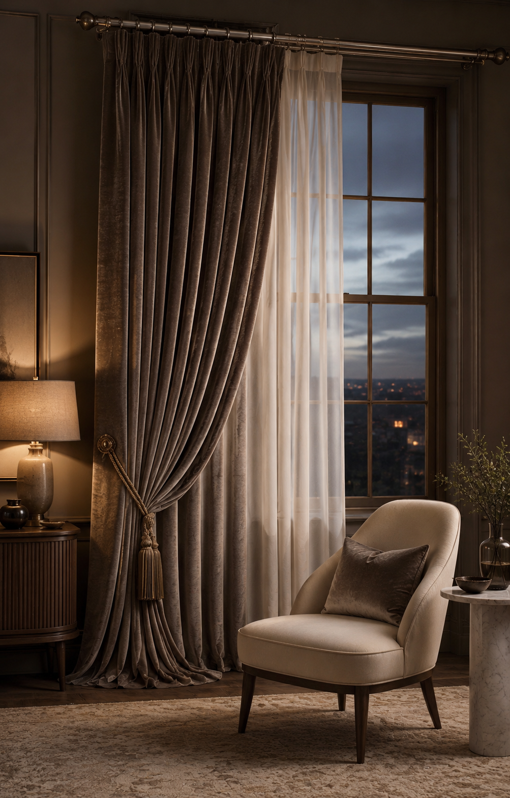 Living room curtains lookbook with taupe velvet curtains and decorative curtain holdbacks