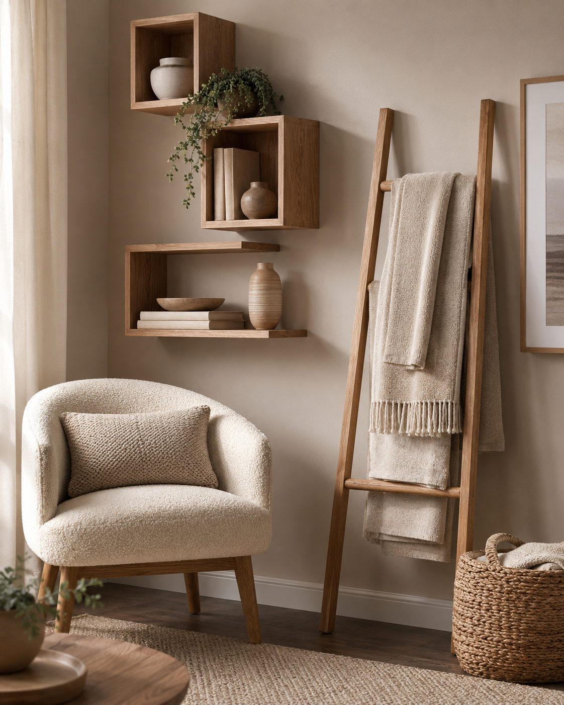 Living room storage look with floating cube shelves, blanket ladder, and compact reading corner
