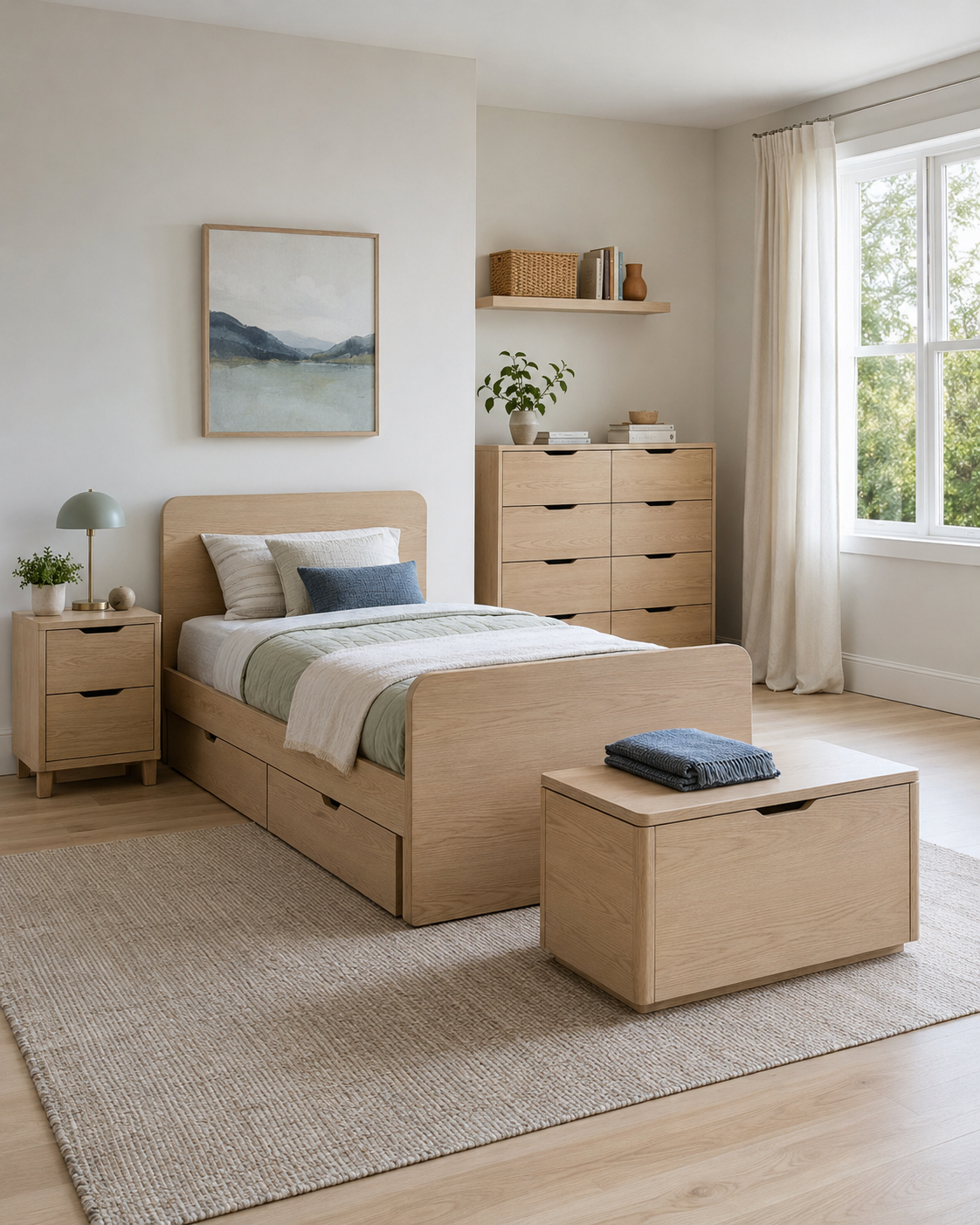 Pale oak kids room furniture with a storage bed, bedside table, tall dresser and wooden storage chest
