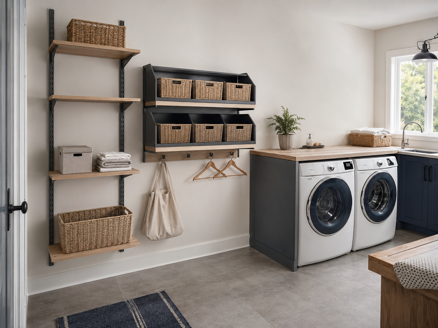Adjustable laundry shelving with visible rails, woven baskets, folded towels, removable basket shelves and hooks beside front-loading appliances.