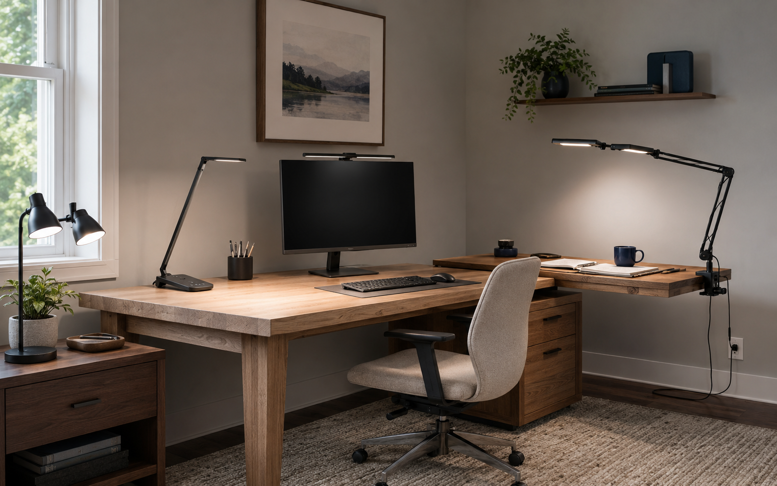 Layered home office lighting with a desk lamp, monitor light and adjustable task lights across an oak workstation.