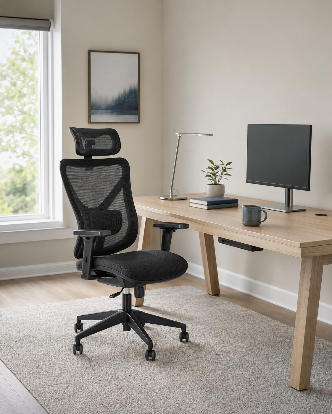 Airy home office with a black high-back mesh chair, pale oak desk and balanced natural daylight.